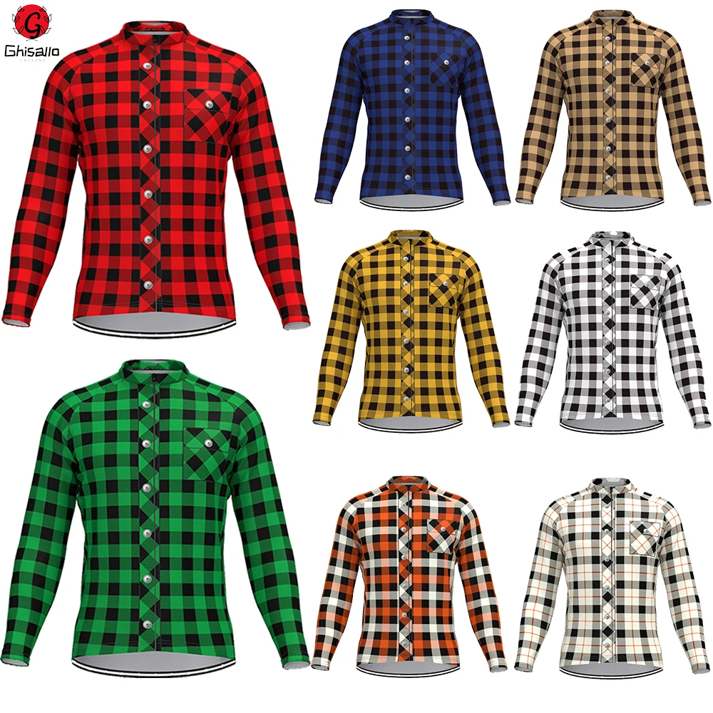 Plaid Checkered Cycling Jersey for Men, Long Sleeve, Thermal Fleece Lining, Warm, Road Bike, MTB Clothing, Winter and Autumn