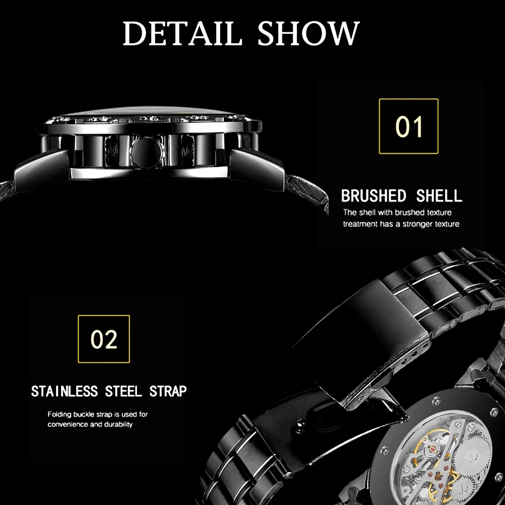 T-WINNER ファッションブラックブルーメンズスケルトン機械式時計彫刻高級ラインストーン発光ポインタースチールマン腕時計