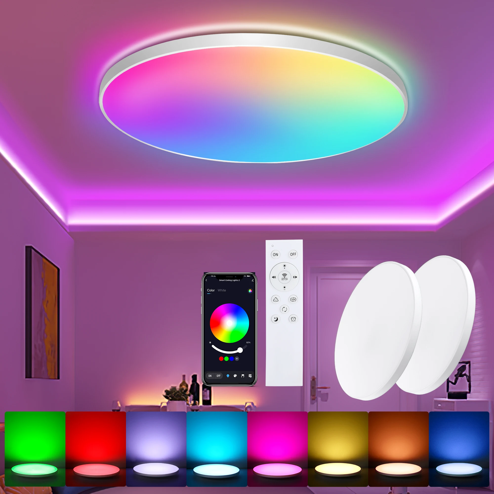 2 Pack 24W RGB LED Ceiling Lights, Dimmable with Remote & App, 16M Colors, 2400LM, Ø30cm, for Living Room Bedroom