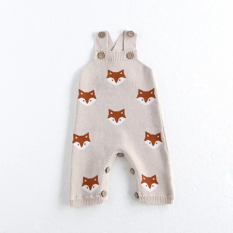 2026 Autumn New Baby Clothes Knitted Overalls 0-2Y Infant Boys Knit Cartoon Fox Sleeveless Romper Newborn Jumpsuit Girls Pants