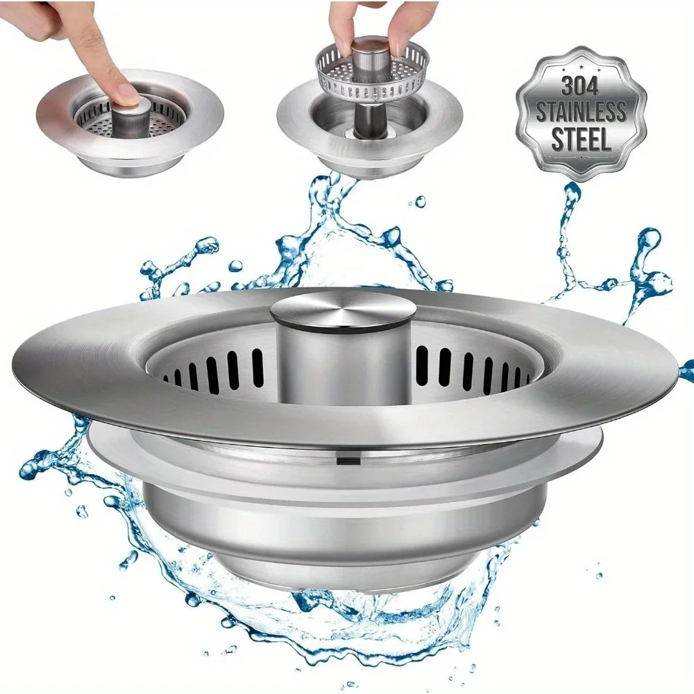 

3-in-1 Stainless Steel Kitchen Sink Strainer - Pop-Up Stopper with Anti-Clogging Basket and Odor Filter, Easy Clean Drain Strain