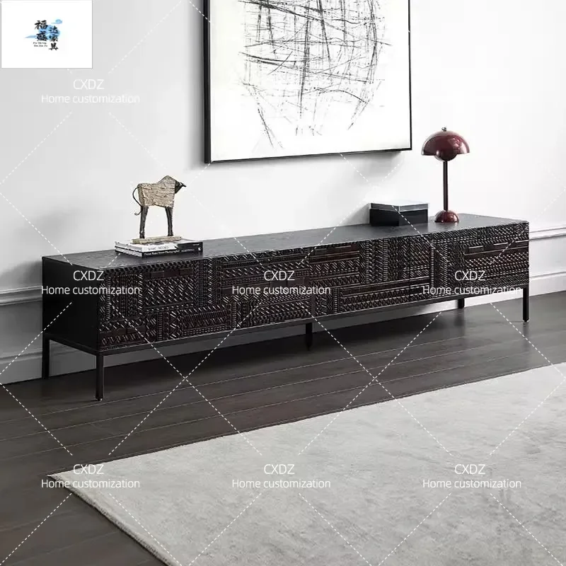 Nordic Modern Belgian Style TV Cabinet Carved Floor Standing Unit Black Solid Wood Coffee Table and TV Stand Combination