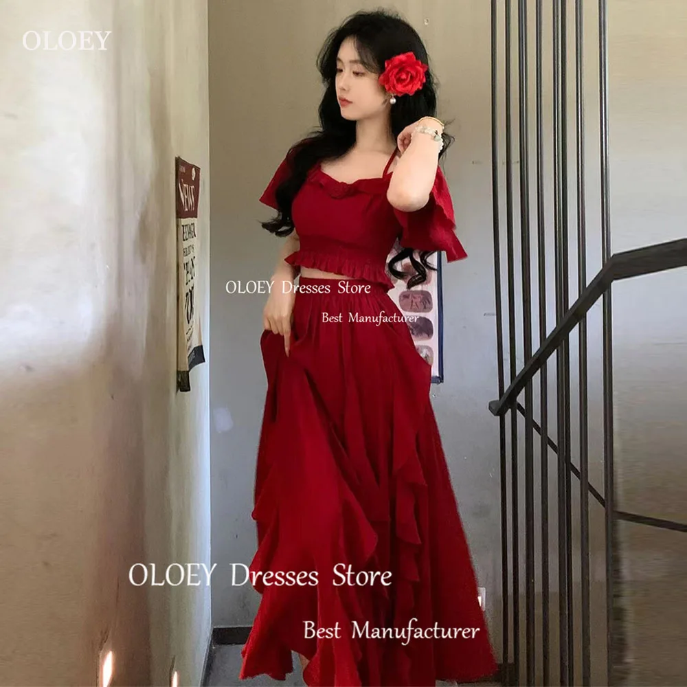 

OLOEY Elegant Wine Red Chiffon A Line Square Collar 3D Flower Evening Gown Dresses Ruched Short Sleeve Floor Length Bride Gowns