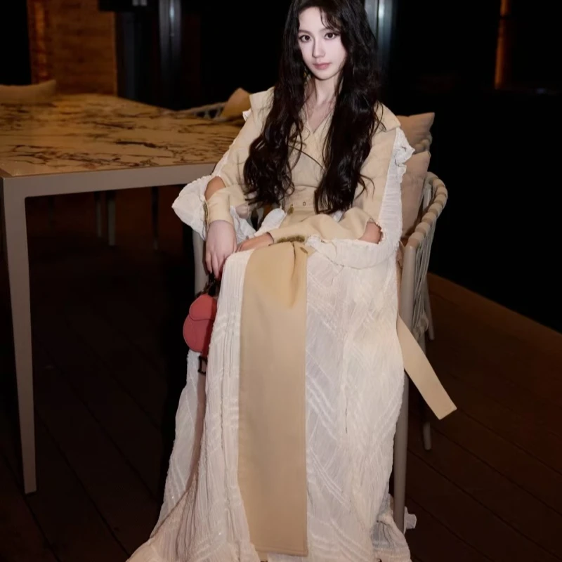 Women Spring Autumn Dresses Suits Trench Coat Lace Waist Slim Splicing Suit Jacket Loose Long Sleeve Niche Vintage Trends