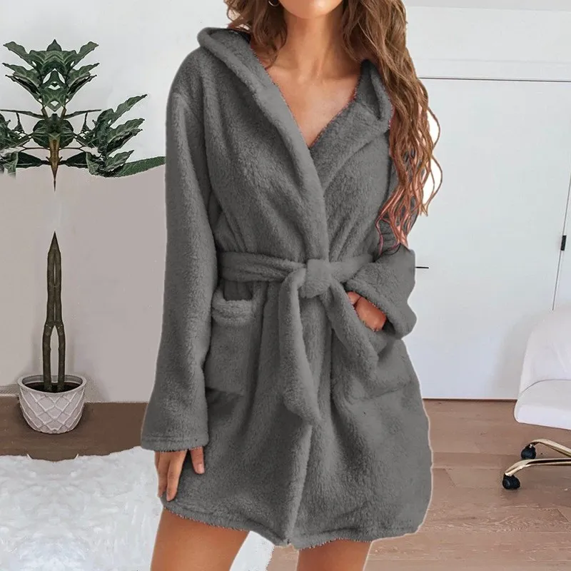 Herbst Winter Damen Sexy Bademantel Flauschiger Plüsch Pyjama Damen Kapuzen-Bademantel Einfarbiger Morgenmantel Warmer Bademantel Damen Loungewear – Detail 17