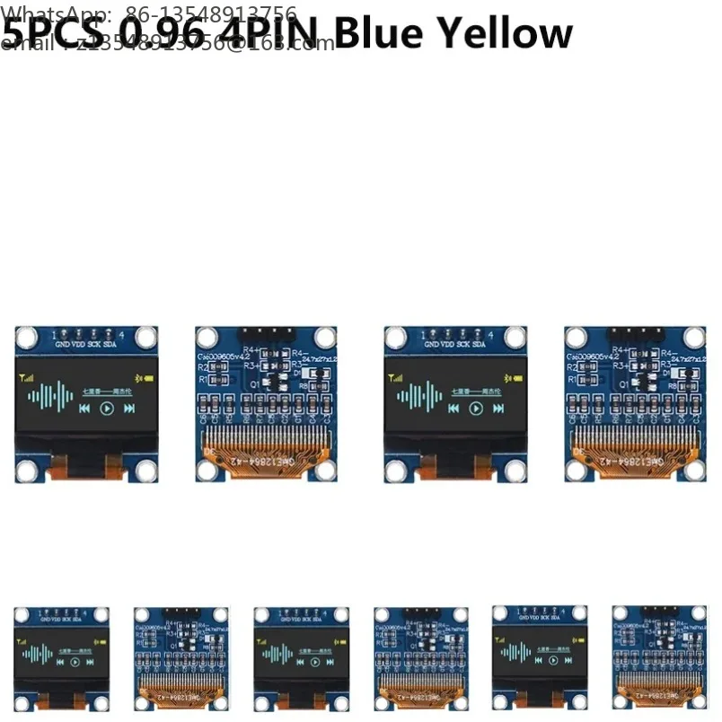 5PCS 0.96 Inch OLED Display Module I2C IIC SPI Serial 128X64 SSD1306 LCD 3.3-5V 4 Pin White/Blue/Yellow Blue for Arduino
