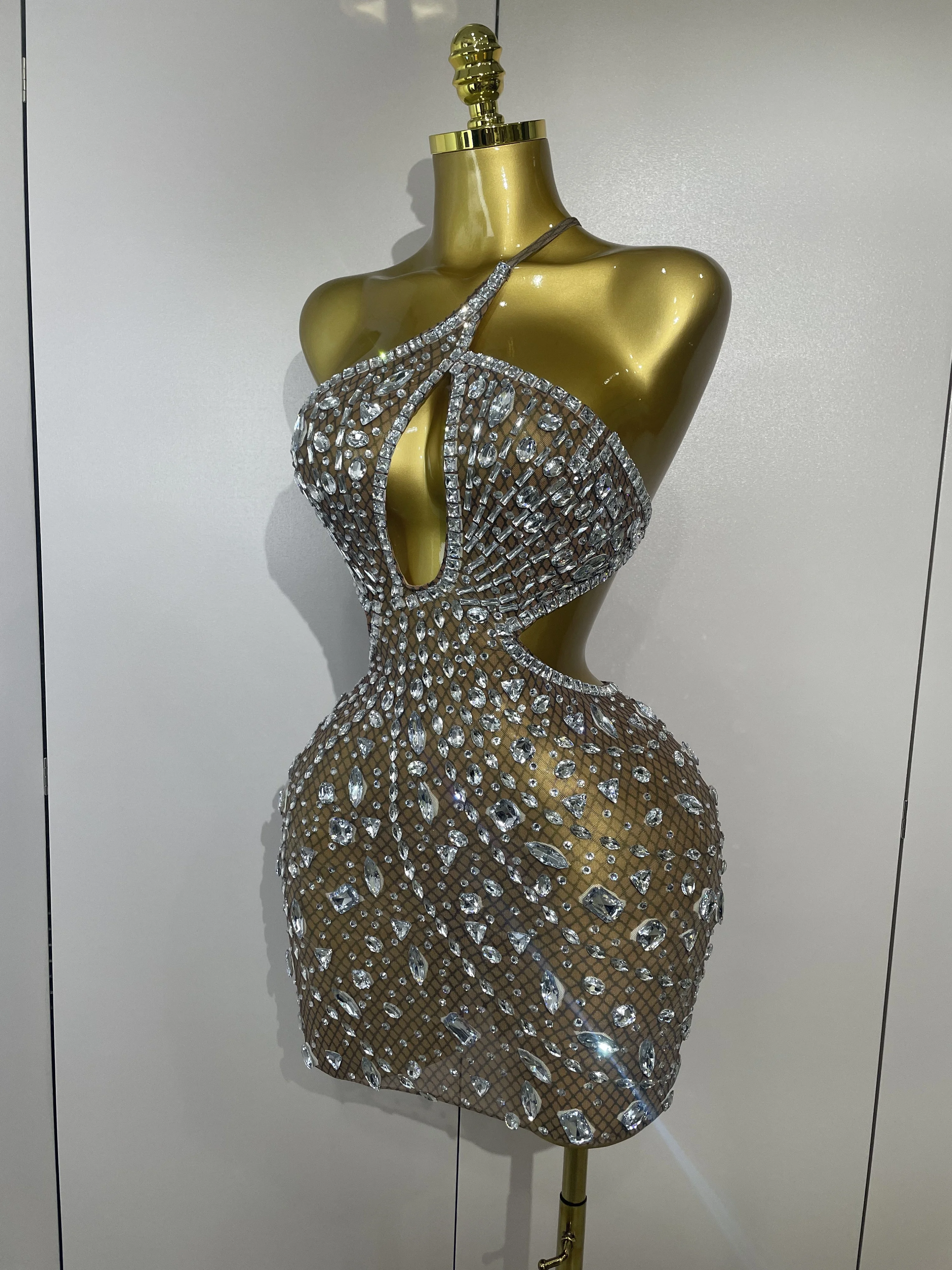 Stock Women Sparkly Big Crystal Sexy Off the Shoulder Mesh See Through Mini Dress Nightclub Party Celebrate Birthday Dress