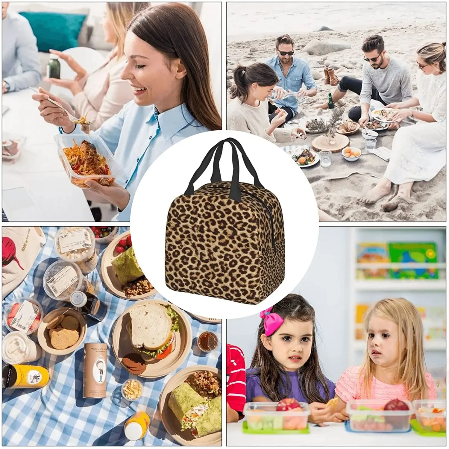 Leopard Print Lunch Bag Insulated Reusable Lunch Box Thermal Tote Bag Container Cooler Bag for Women Men Travel Picnic Beach