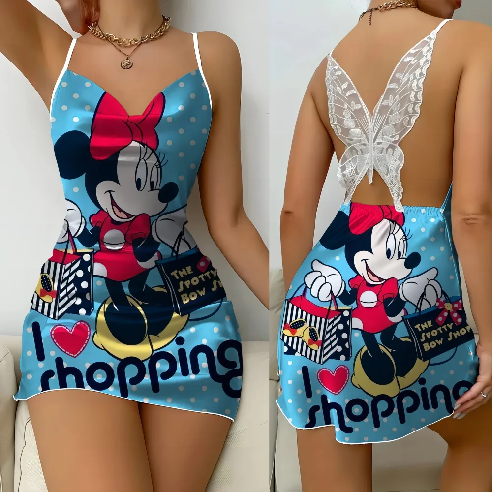 

Sexy Suspender Skirt for Women Cartoon Minnie Pattern Female Pajama Back Butterfly Hollowout Women's Summer New Sleeping Dress