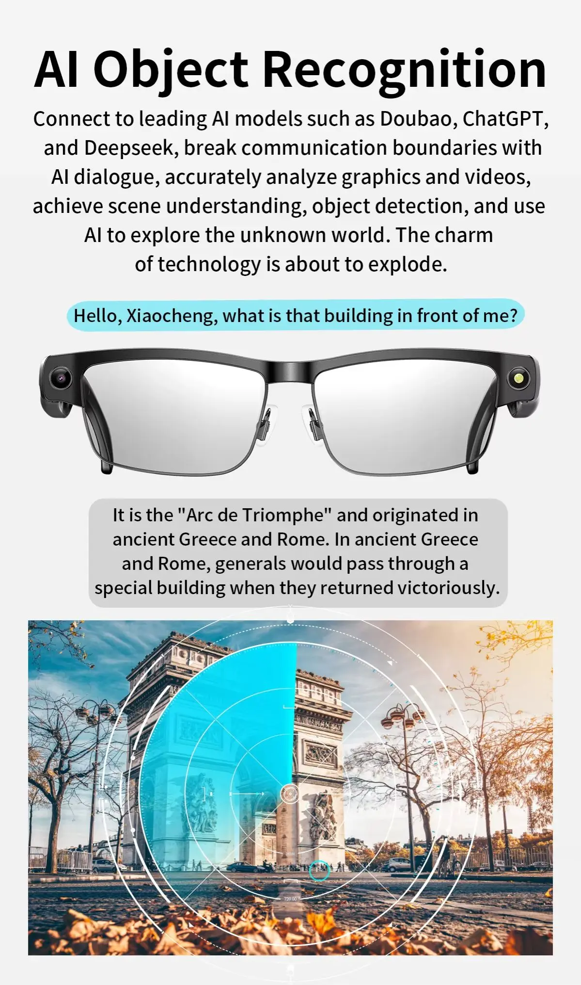 Camera Smart Glasses Photo Video Record BT Call Music Playback Smart Glasses Al Object Recognition Voice Assistant Sunglasses