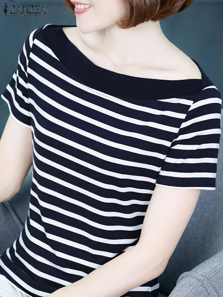 ZANZEA Women Short Sleeve Blouses Everyday 2024 Summer Boat Neck Striped T-shirt Casual Stylish Tunic Tops Korean Fashion Blusas