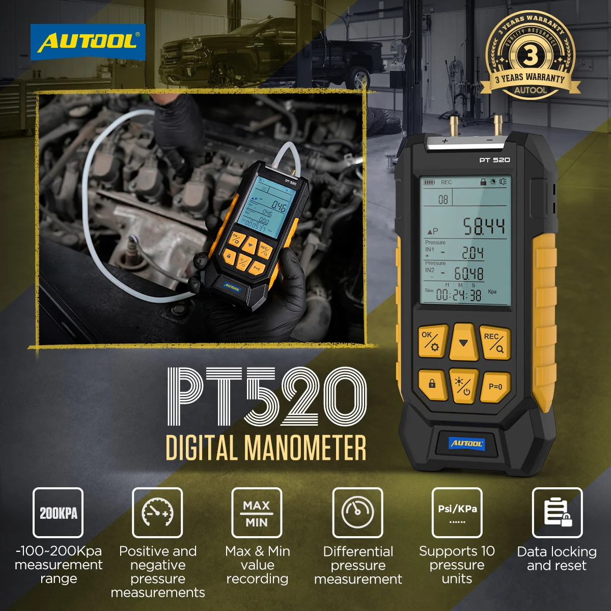 

AUTOOL PT520 Дифференциальный манометр Цифровой манометр-100-200 кПа Дифференциальный вакуумметр давления воздуха Комплект инструментов