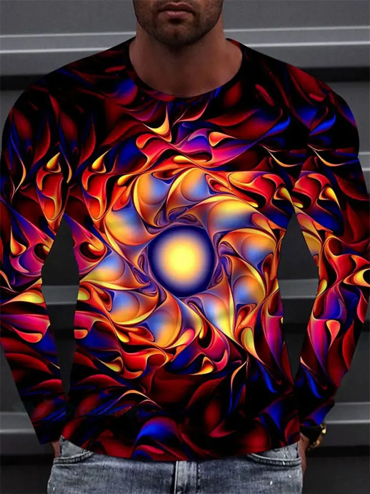 Men's Colorful Abstract Long Sleeve T-Shirt Psychedelic Flame Graphic Tee Swirl Streetwear Casual Pullover Tops Gift New