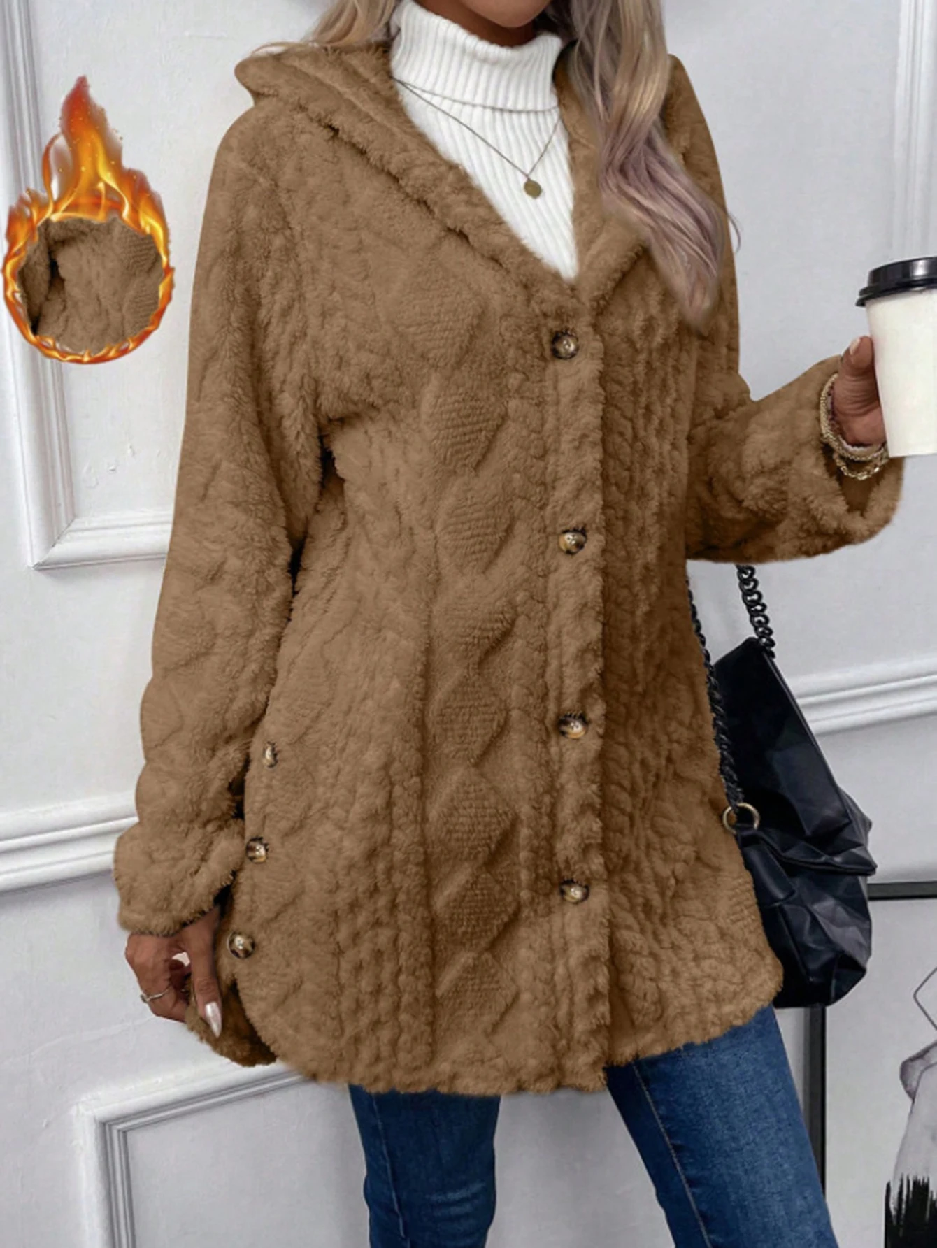 

Женский свитер осень-зима 2025 г., модный свитер с длинным рукавом и капюшоном на пуговицах, повседневный свитер стандартной посадки