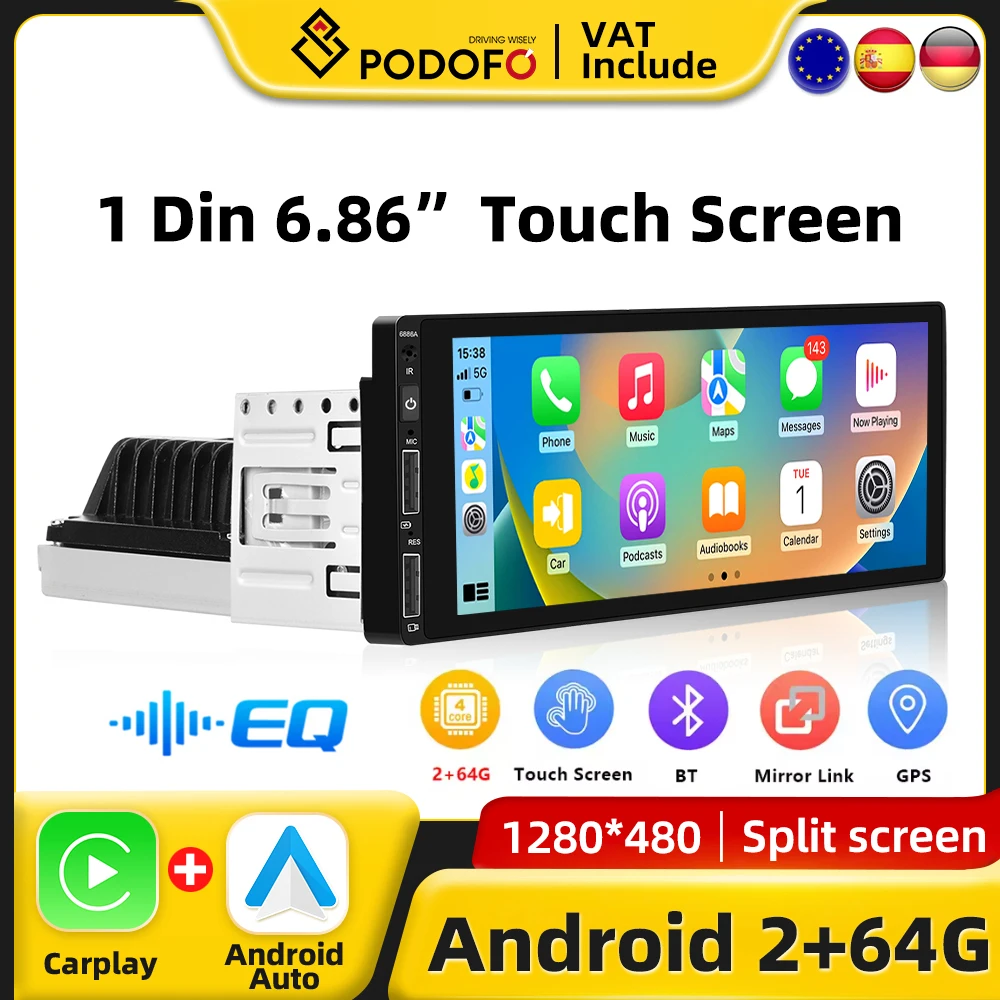 Radio con GPS para coche, reproductor Multimedia con Android, 1DIN, CarPlay, universal, 6,86 pulgadas, RDS, WiFi, Sistema Inteligente para Nissan, KIA, Toyota