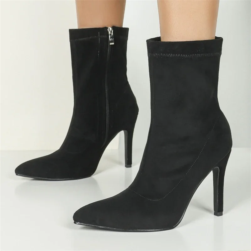 

Aneikeh Black Sexy Fashion Ankle Boots Pointed Toe Thin High Heels Women Autumn Winter Shoes Zipper Banquet Prom Pumps