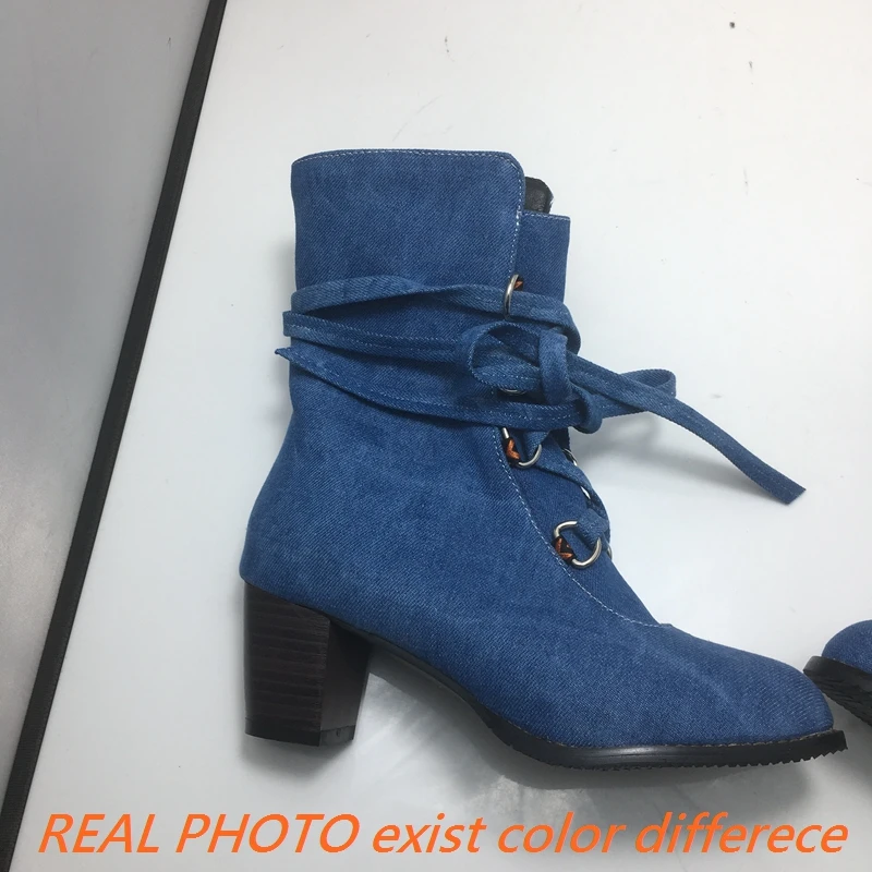 ASILETO Big size 35-46 western Fabric boots women cross tied high heels shoes blue cowboy ankle boots zipper booties mujer