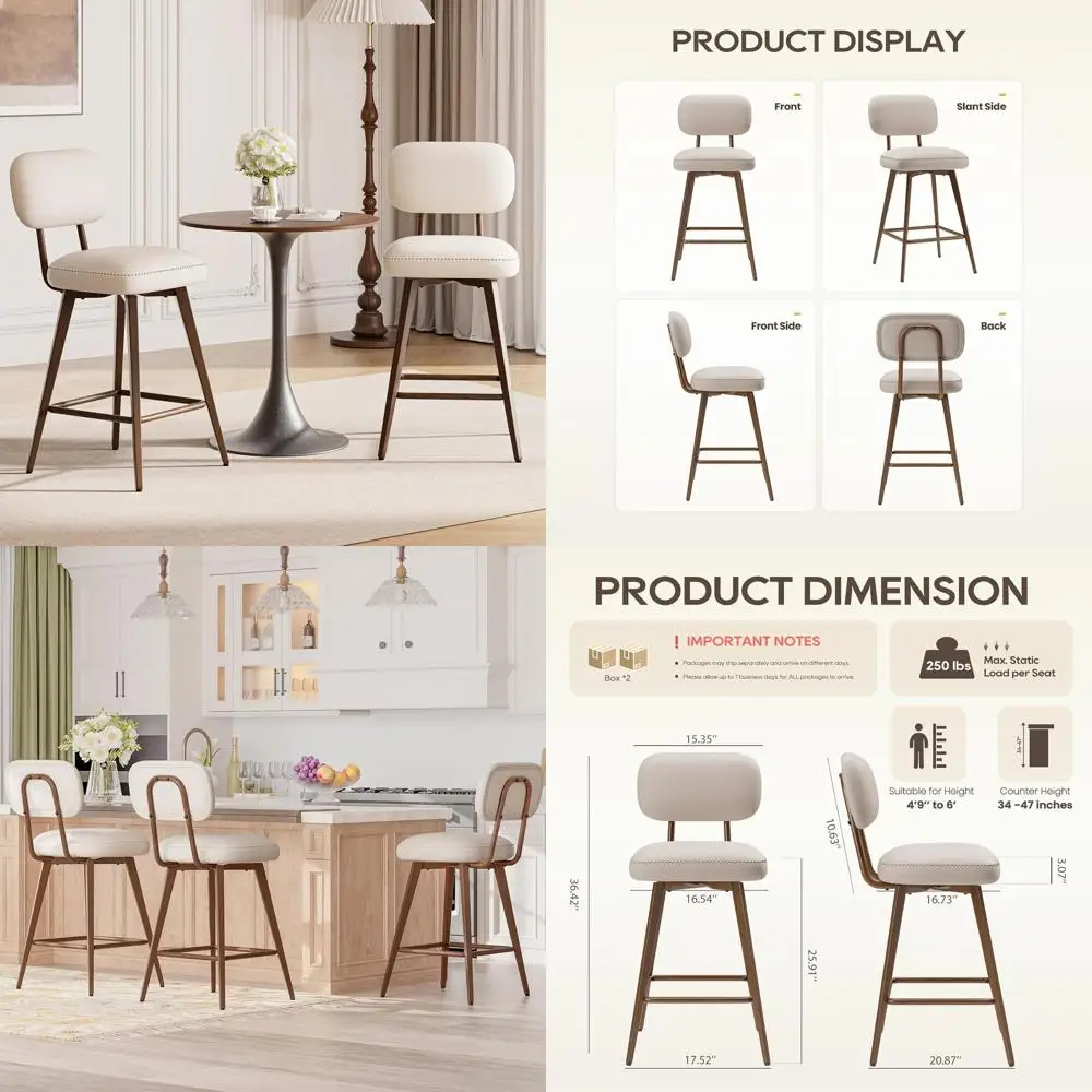 

Set of 4 PU Leather Counter Height Bar Stools with Low Back and Metal Legs, Beige