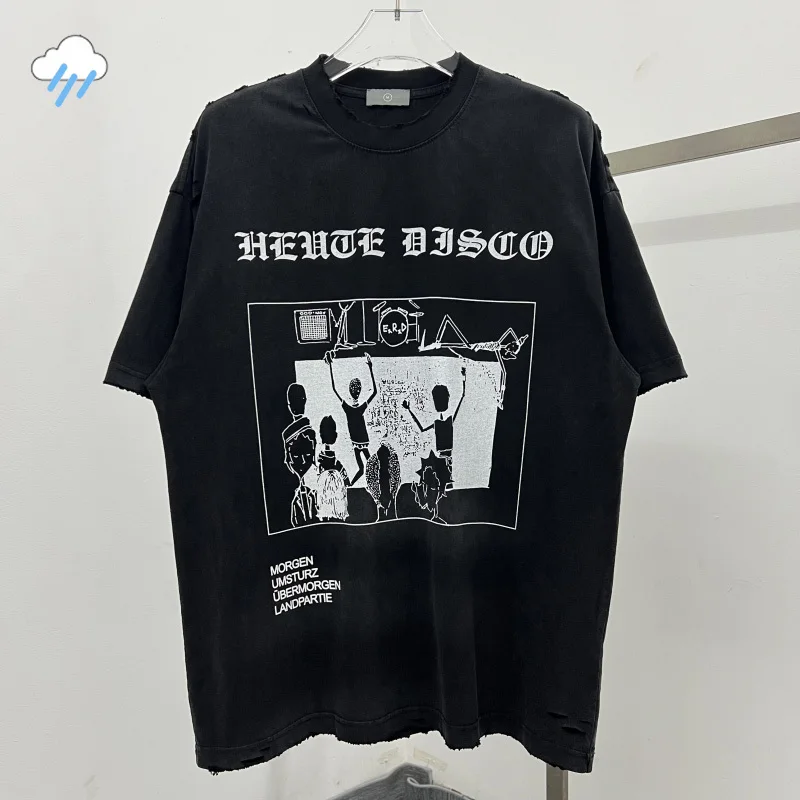 

Hip Hop Streetwear Vintage Washed Black ERD T-Shirt Graphics Print Oversized Tee Tops Broken Damage T Shirt For Men Women