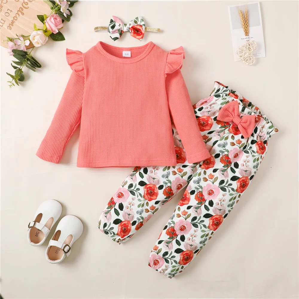 1-5Years Toddler Girl Clothes Set Long Sleeve Solid Color Top+Floral Pants  Fashion Spring & Autumn Little Girl Clothing Outfit