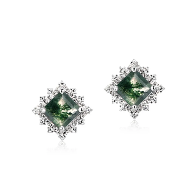 Pendientes de musgo verde platino PT950 con incrustaciones de oro de 18 quilates con piedras de bebé de colores para mujer, ágata cuadrada, lujo ligero