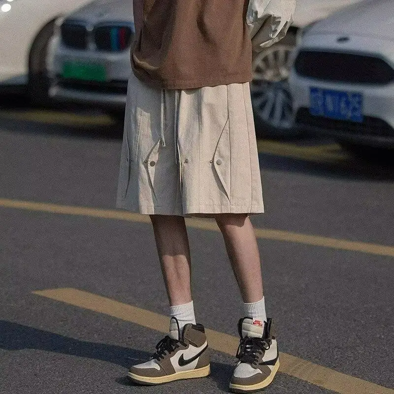 

Deconstructed Button Design Spor orts Loose Wide Leg Casual Five-Quarter Length Middle Waist for Boys Summer Street Sle