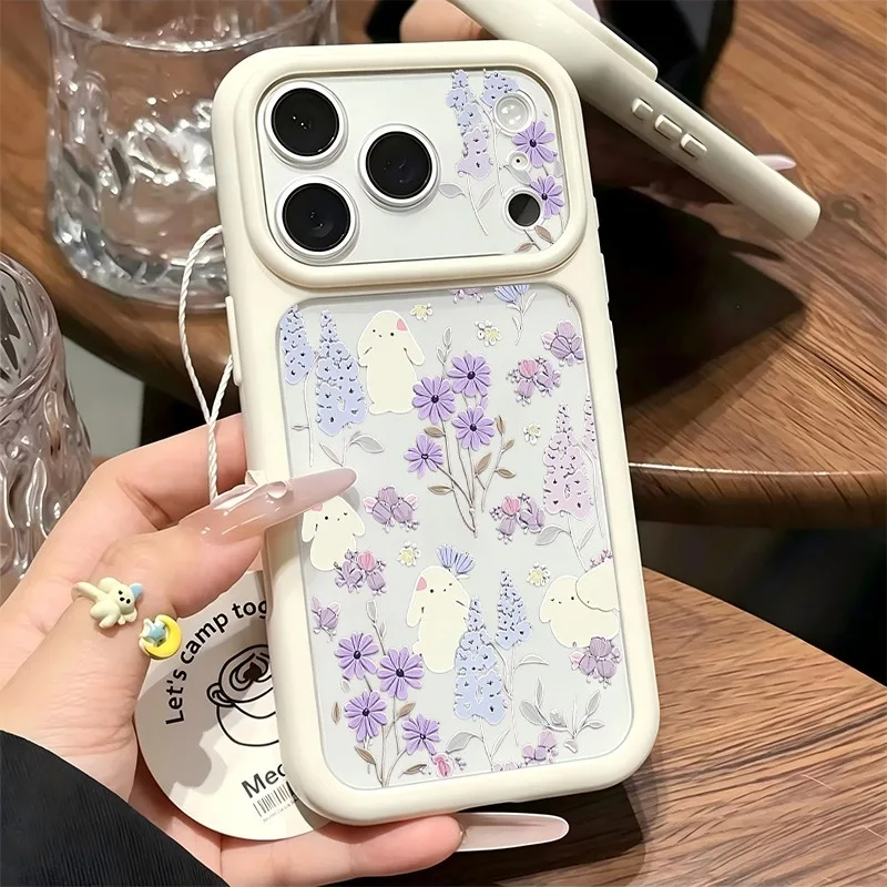 Cute White Bunny Purple Floral Print Phone Case For iPhone 11-17 Series, Large Clear Window Shockproof Soft TPU Cover