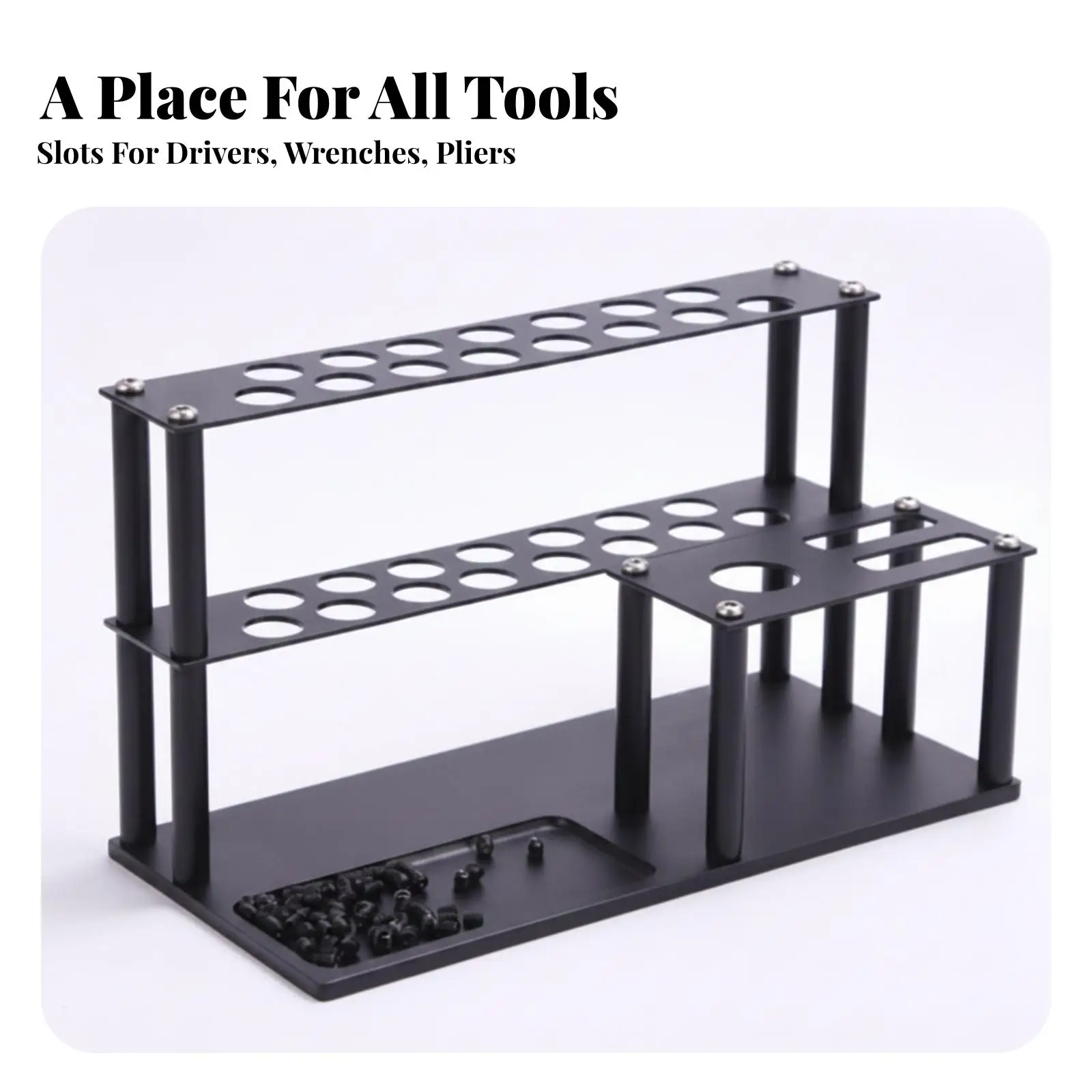 Screwdriver Storage Stand for Repair Station Workbench with Black Metal Frame Two Shelves and Side Rack