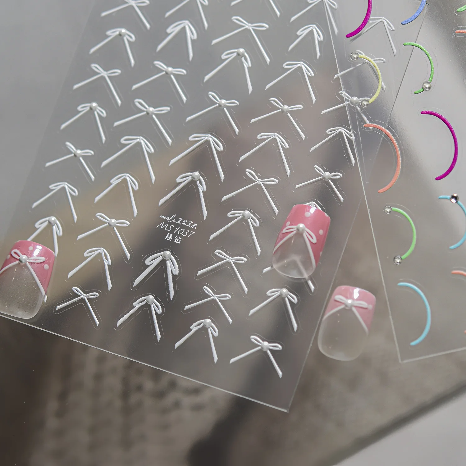 Summer Macaron Nail Decoration Stickers White Mini Bow Multi-Color Curve Transparent Small Diamond Elegant Nail Stickers DIY