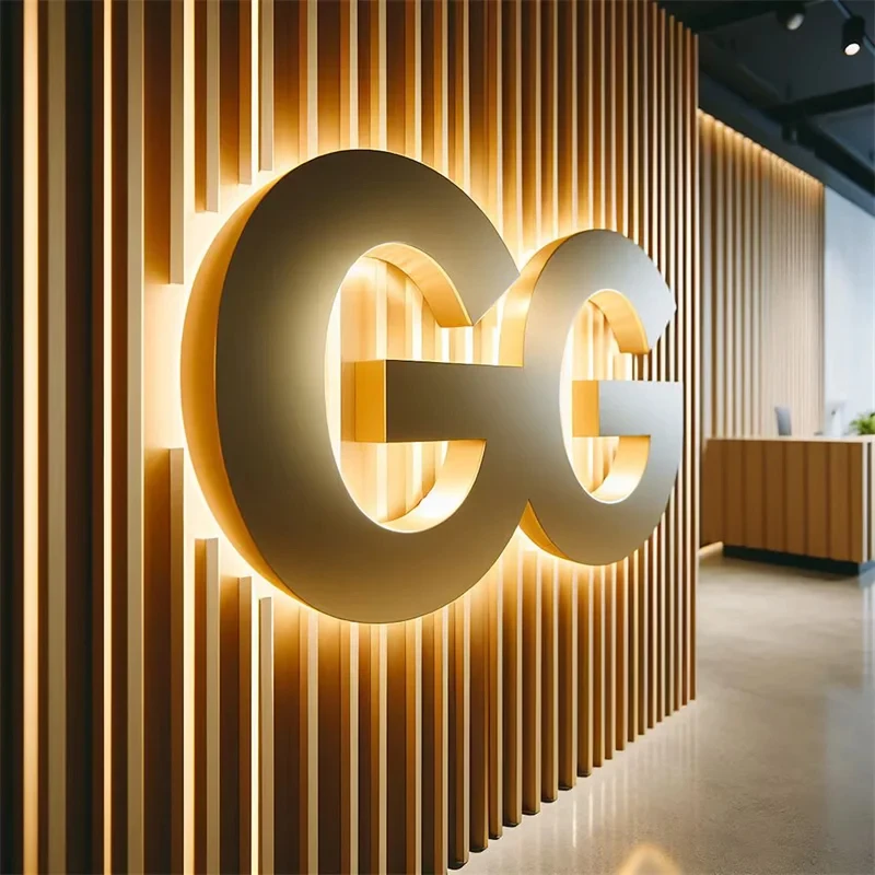 3D Backlit stainless steel letter signs, Custom Gold Business Signs, Outdoor Storefront Backlit Signs, 3D Gold Illuminated Logos