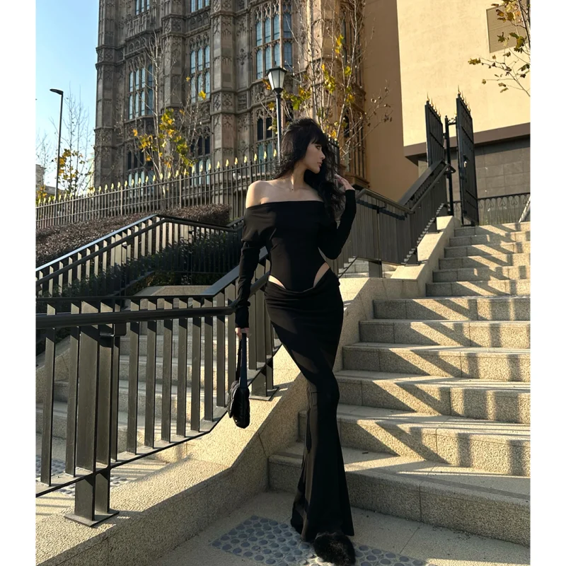 2023 Summer Womens Black Sexy Dress Strapless Hollow Out Europe and America Fashion Luxury Spicy Girl Female NEW Long Dress