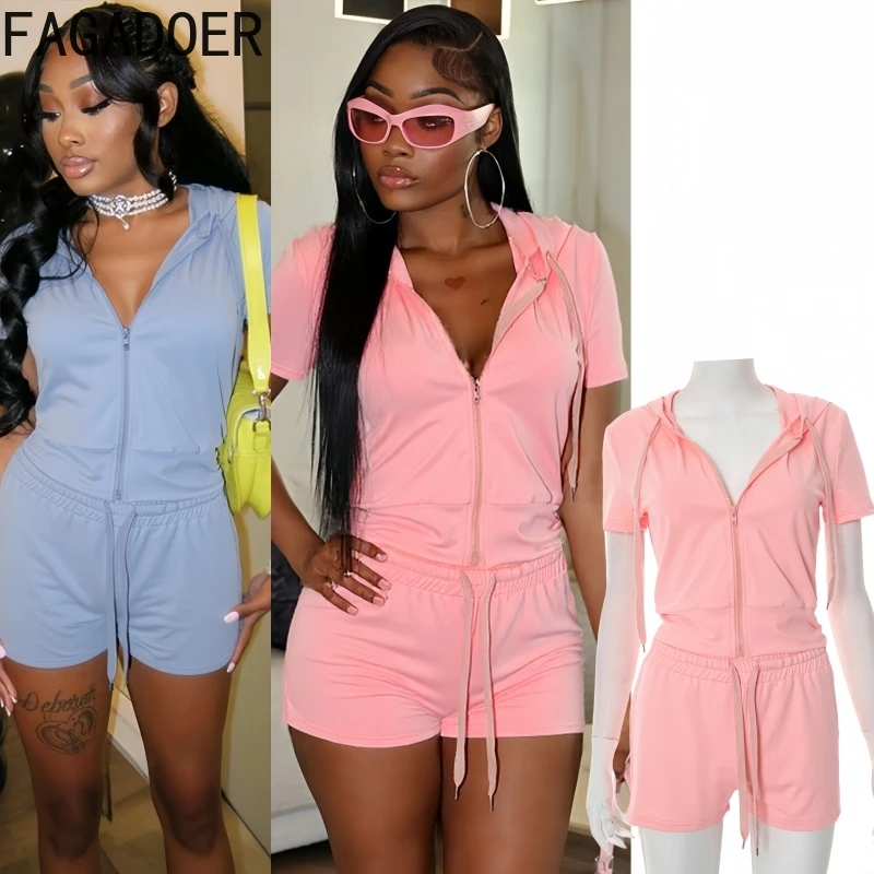 

FAGADOER Casual Sport 2 Piece Sets Woman Outfits Solid Color Hooded Zipper Short Sleeve and Drawstring Short Matching Tracksuits