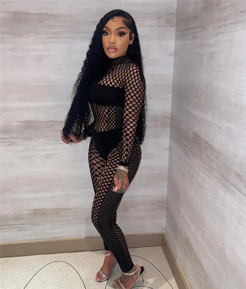 Long Sleeve Hollow Out Women Jumpsuits Black Sexy See Through Bodycon Rompers Fashion Nightclub Party Female Overalls Dropship