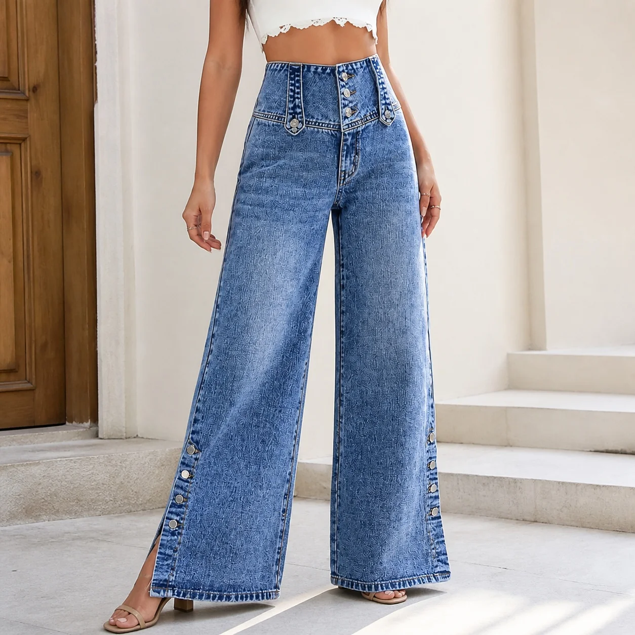 Women's Y2K Baggy High Waist Flared Hem Button Detail Washed Cotton Long Street Style Jeans for Women Y2K Clothes with Metallic