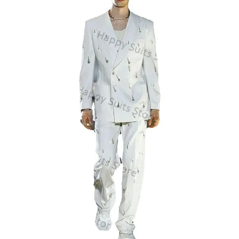 White Crystals Men Suit 2 Piece Blazer+Pants Formal Double Breasted Office Cotton Jacket Coat Wedding Tuxedo Customized Trousers