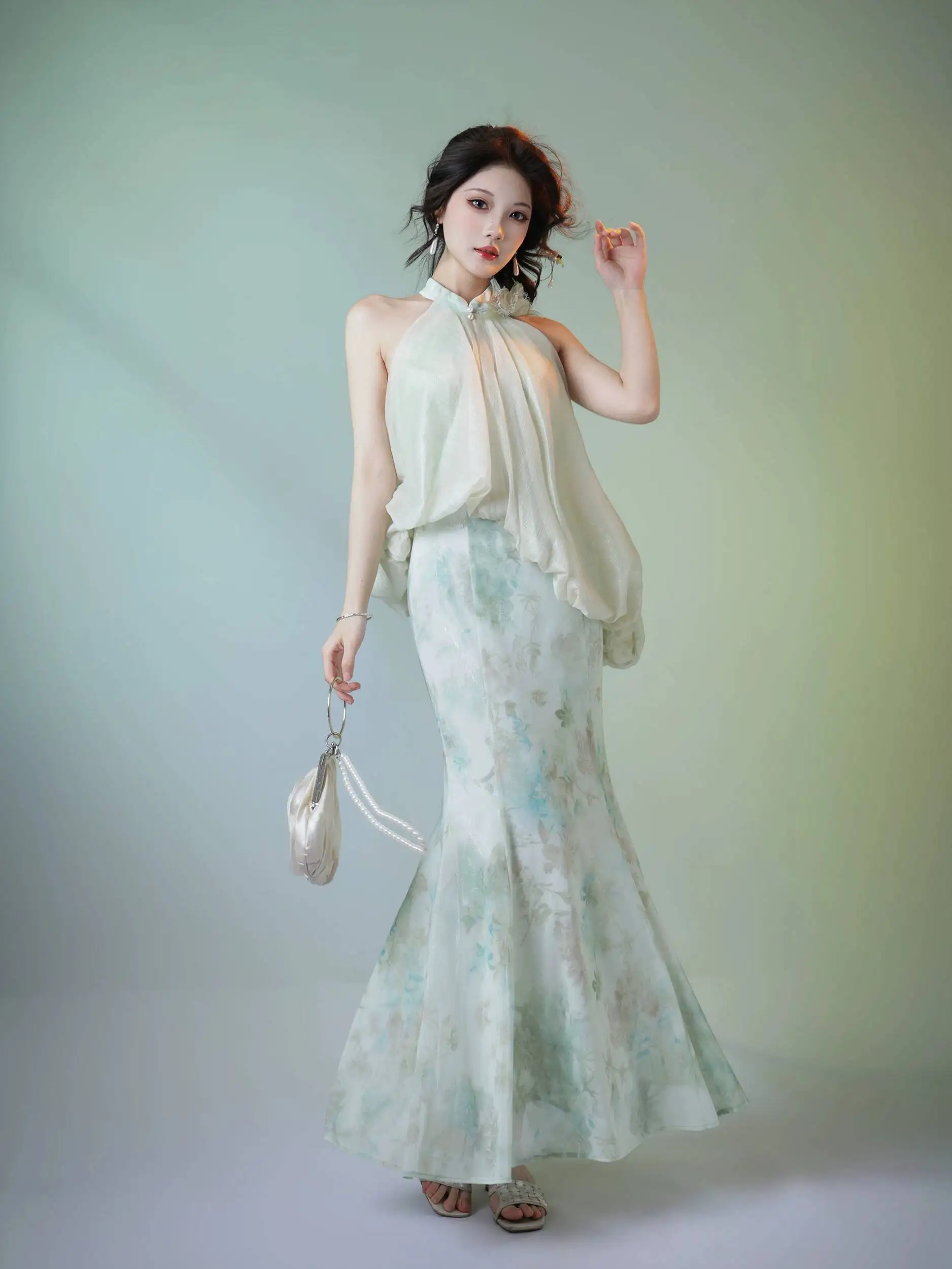 

New Chinese Style Green Cooling Sensation Floral Satin Around The Neck Dress Fiesta Carnival Halloween Cos Cosplay