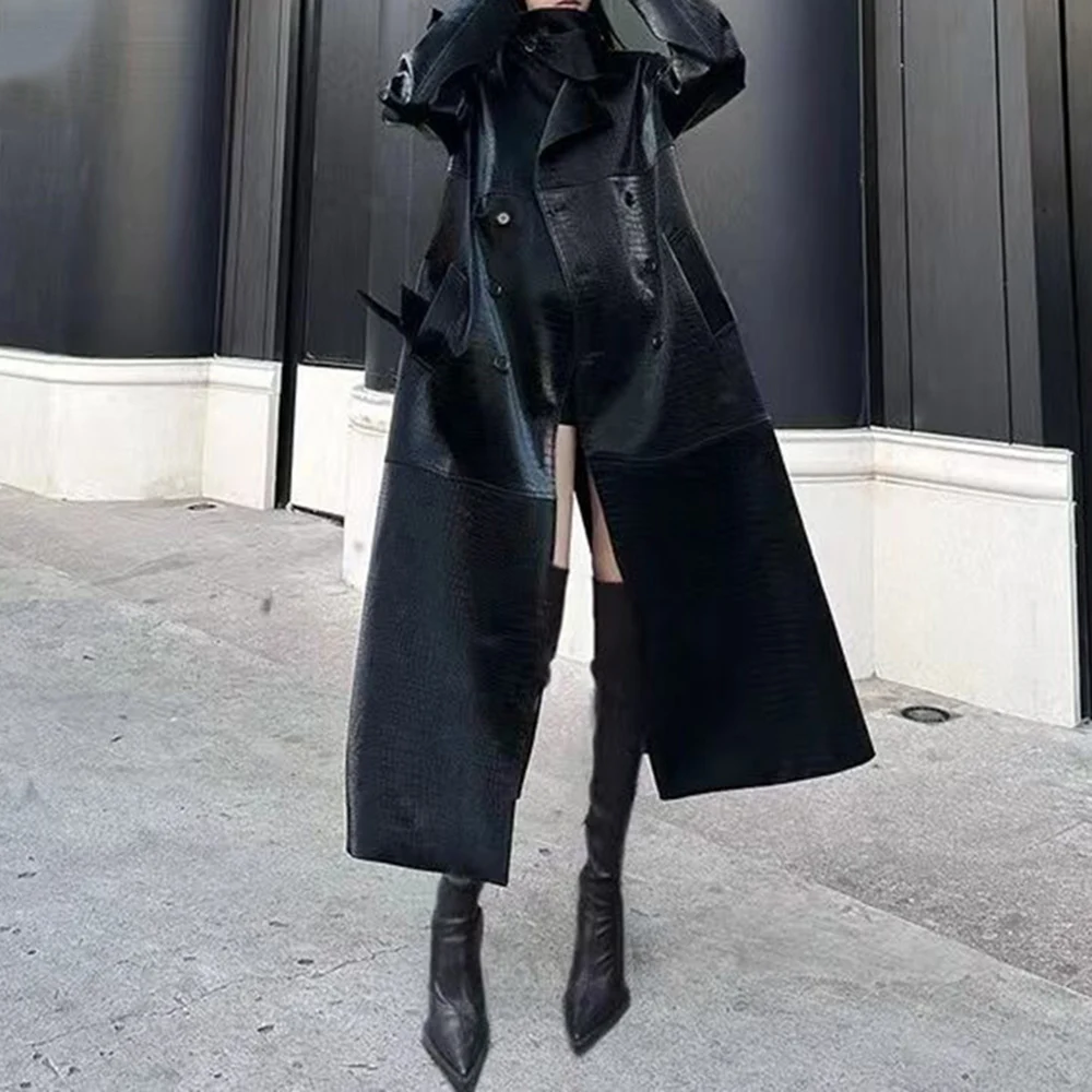 TWOTWINSTYLE Schwarz Gespleißt Spitze Up Grundlagen Graben Weibliche Revers Lange Hülse Lose Koreanische frauen Graben Herbst Mode Stil Neue