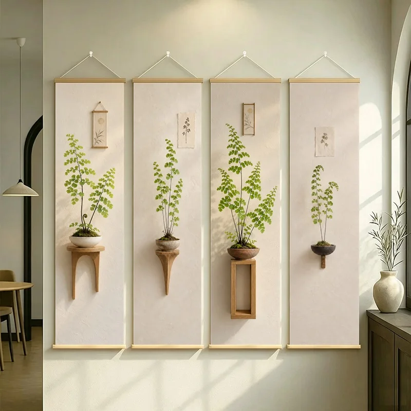 Fern Wall Art 4-Panel Green Frond Vase Hanging Scroll Set on Beige Silver Shimmer Canvas for Fresh Living Room Home Decor