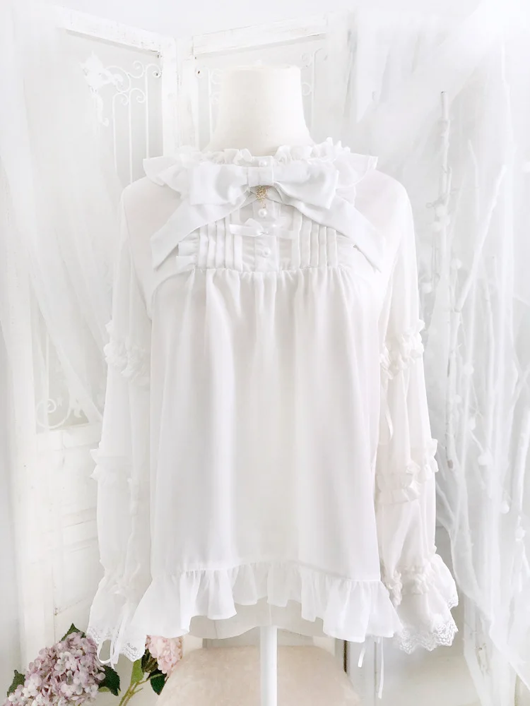 レトロバブルスリーブシャツ女性夏クリームロリータ半袖シフォンボトリングシャツとトップ蝶ネクタイは取り外し可能