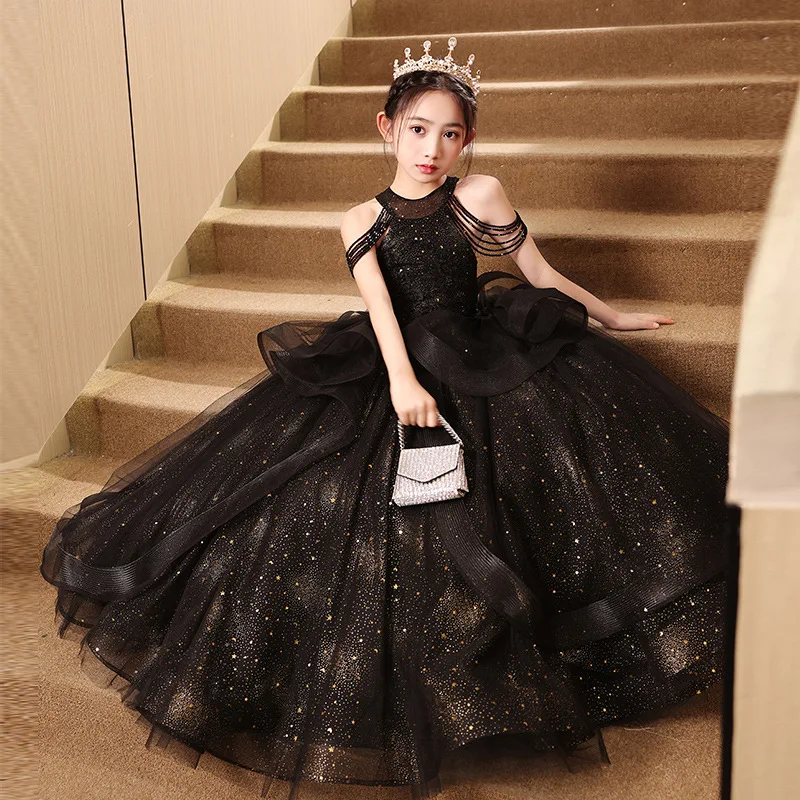 Girls Black Elegant Flower Beading Children Princess Wedding Bridesmaids Gown Kids Dresses baby Birthday Party ball Long dress