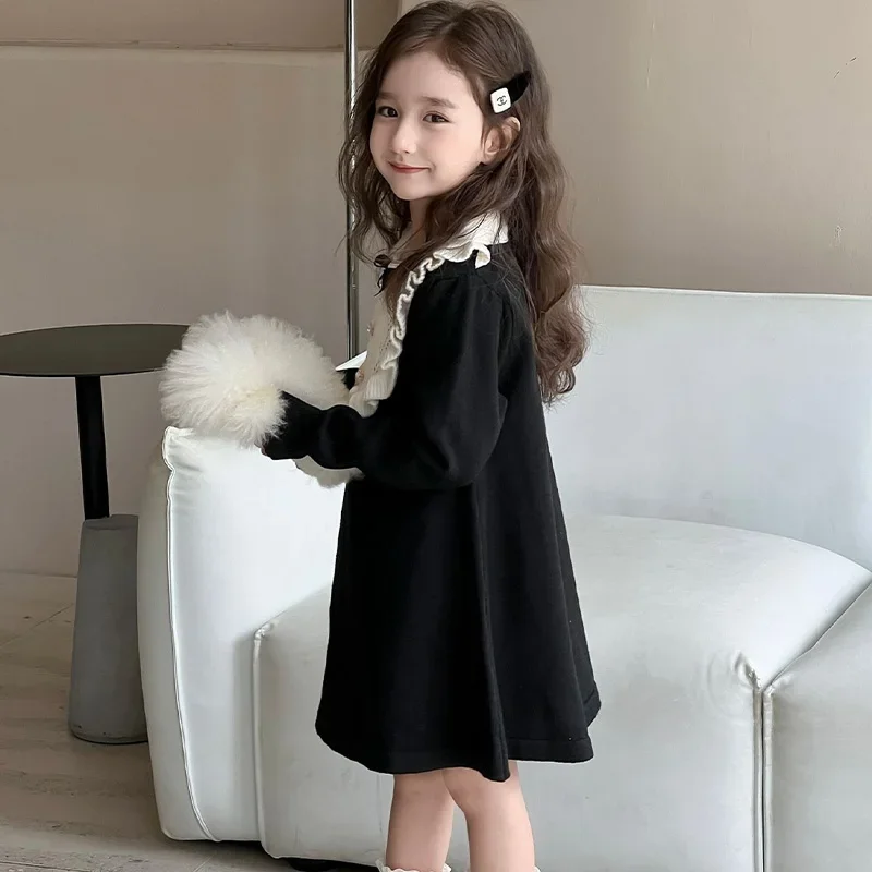 2-8Y Girls Knitting Wool Long Sleeve Princess Dress Autumn Winter Warm Sweater Dress Kids Casual Clothes