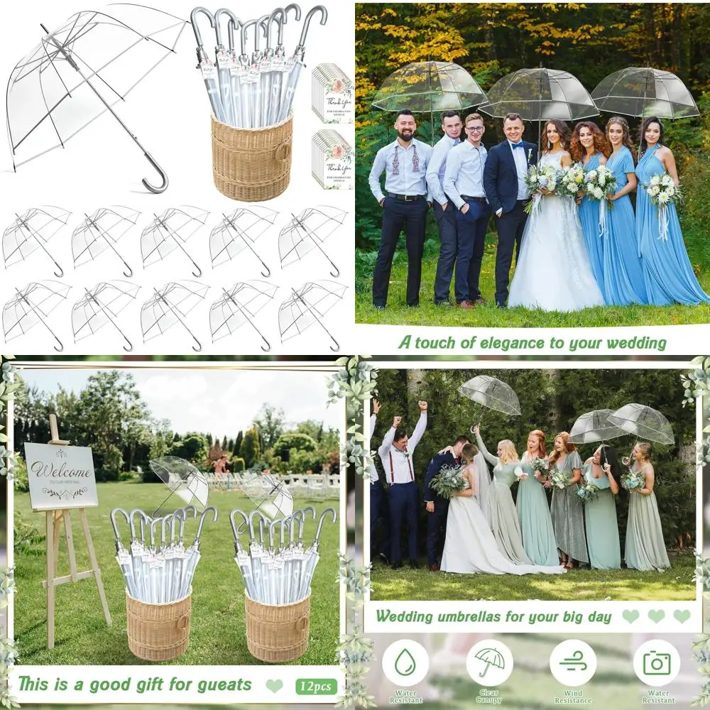 

Large 52 Inch Dome Rain Umbrellas, 12 Pack Wedding Favors with Windproof Design and Thank You Tags for Guests