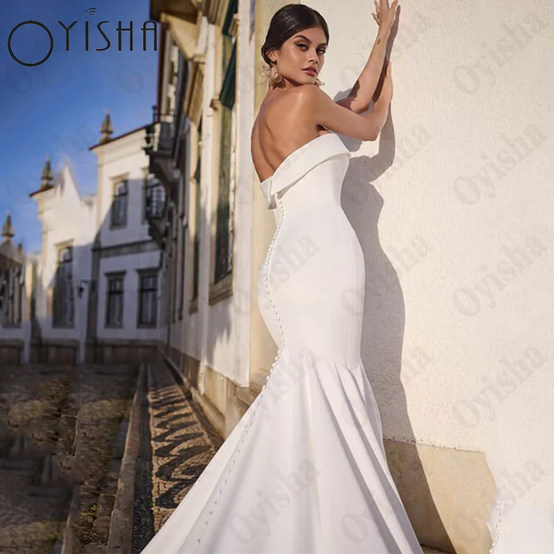 Oyisha Strapeless Satin Mermaid Wedding Dresses For Women Elegant Sleeveless Bridal Gowns Open Back Vestido De Noiva Custom Made