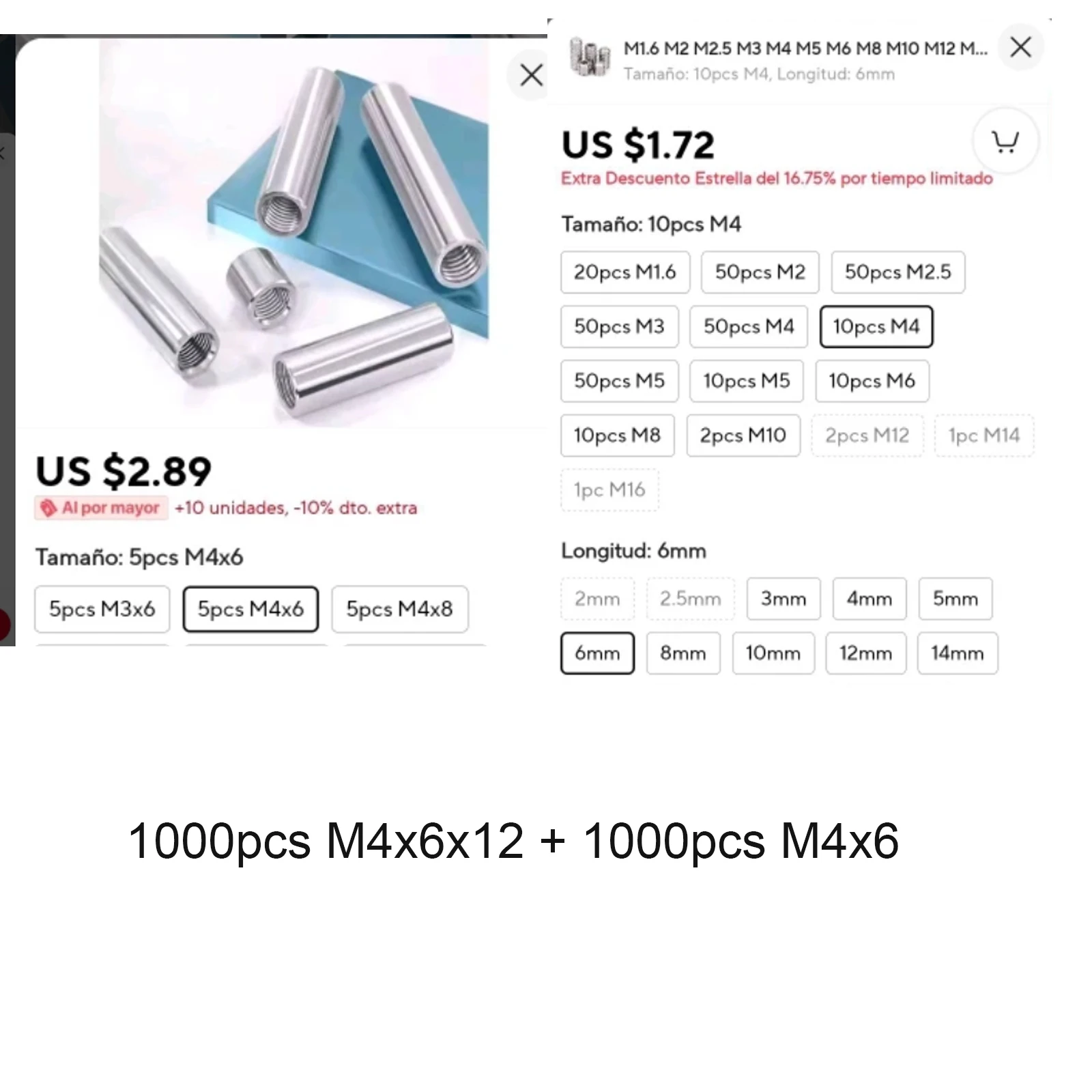 

1000pcs M4x6x12 and 1000pcs M4x6