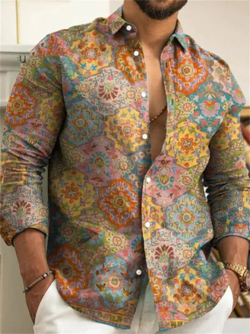 2025 traje de hombre patrón retro solapa manga larga botón impreso top ropa de calle de moda diseñador estilo occidental