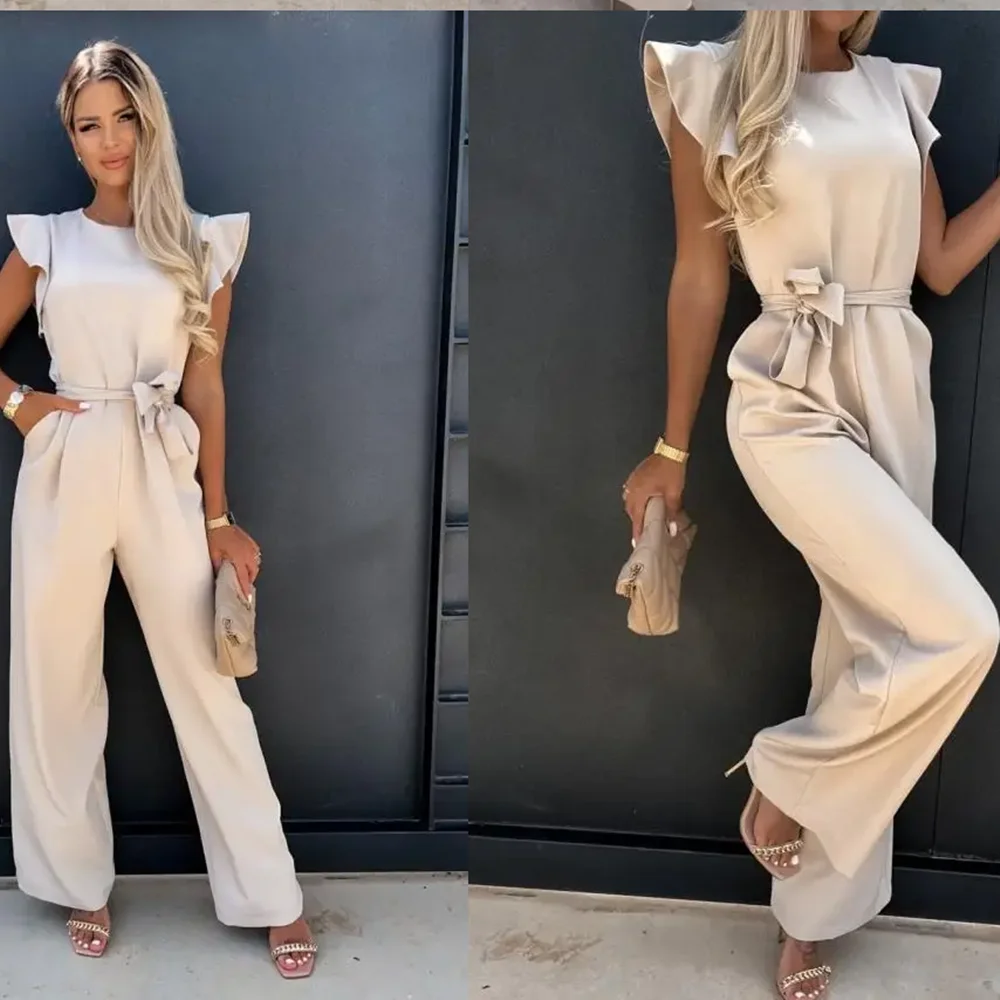 

Women Sleeveless Khaki Jumpsuit Eleagnt Office Lady Lacy O Neck Ruffles Pocket Office Lady Rompers 2024 Summer Wide Leg Playsuit