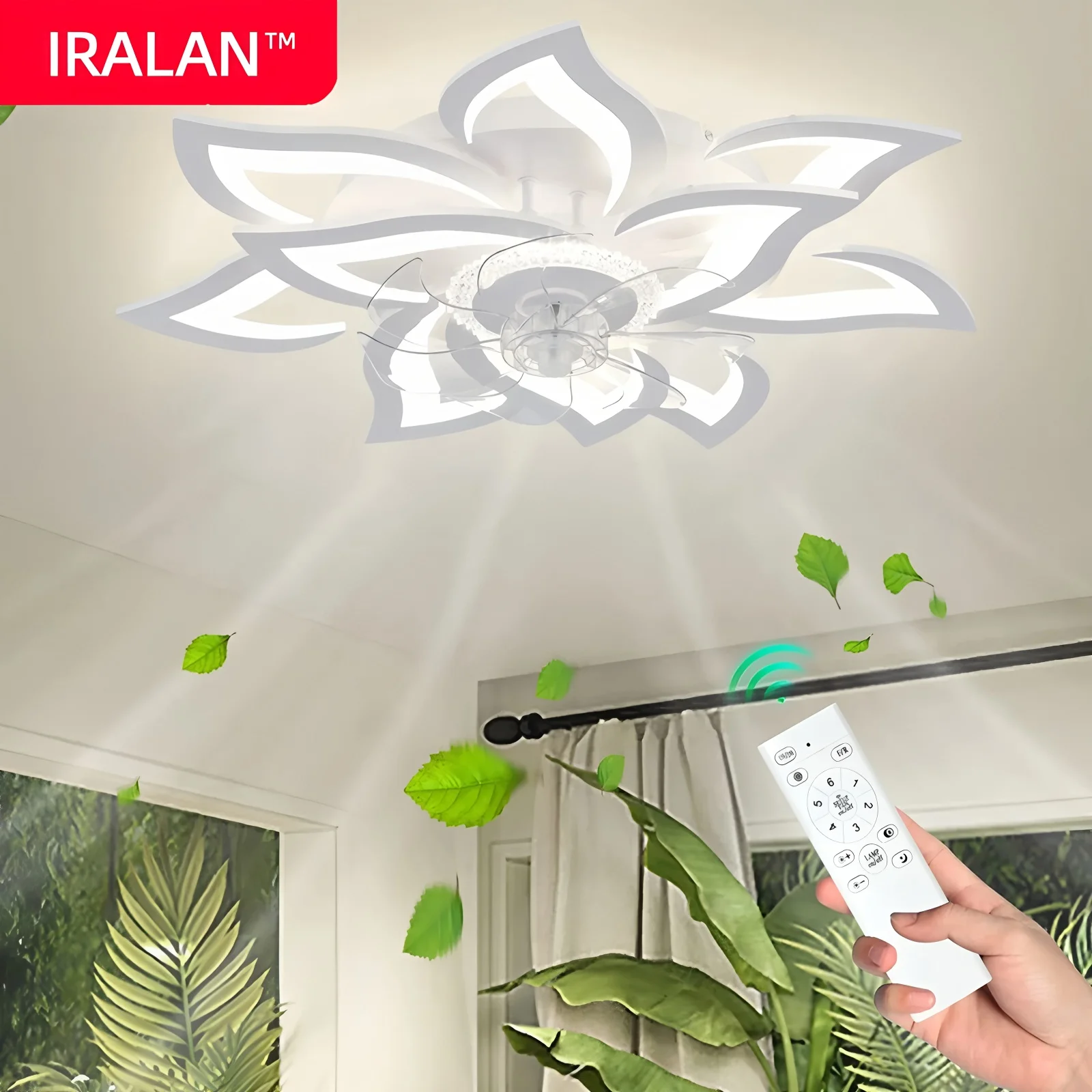 Image of Glänzender Deckenventilator mit Licht, moderner Acryl-Lotus, schöner, hochwertiger Deckenventilator mit Lampe für Lobby, Ausstellungshalle, dekorative, coole elektrische Ventilatorlampe