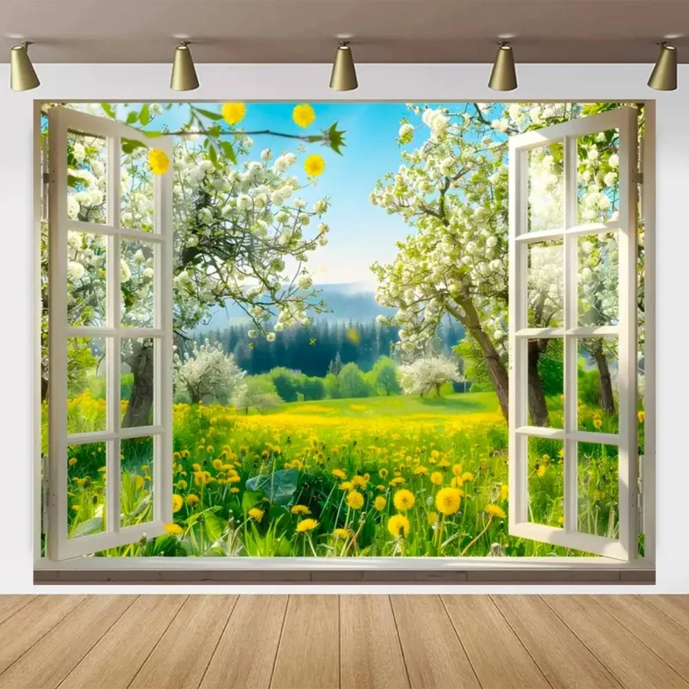 Frühling Fotografie Hintergrund Garten Landschaft außerhalb des Fensters zurück Tropfen Blumen blühende Dekor Hintergrund Photo Booth Requisiten