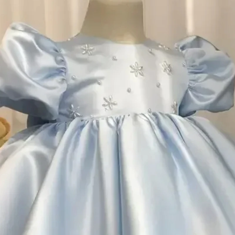 ICJAEHAO 2024 Baby Girls Party Dress Blue Puff Sleeves Plain Ball Gowns Elegant Baptism First Birthday Beading Children Clothes