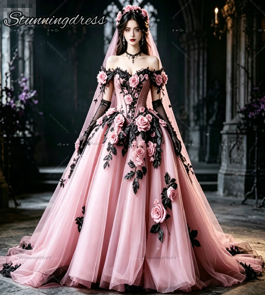 Dark Romantic Pink Wedding Dress With Rose Florals Off Shoulder Victorian 90s Medieval Bridal Gowns Enchanted Forest Halloween
